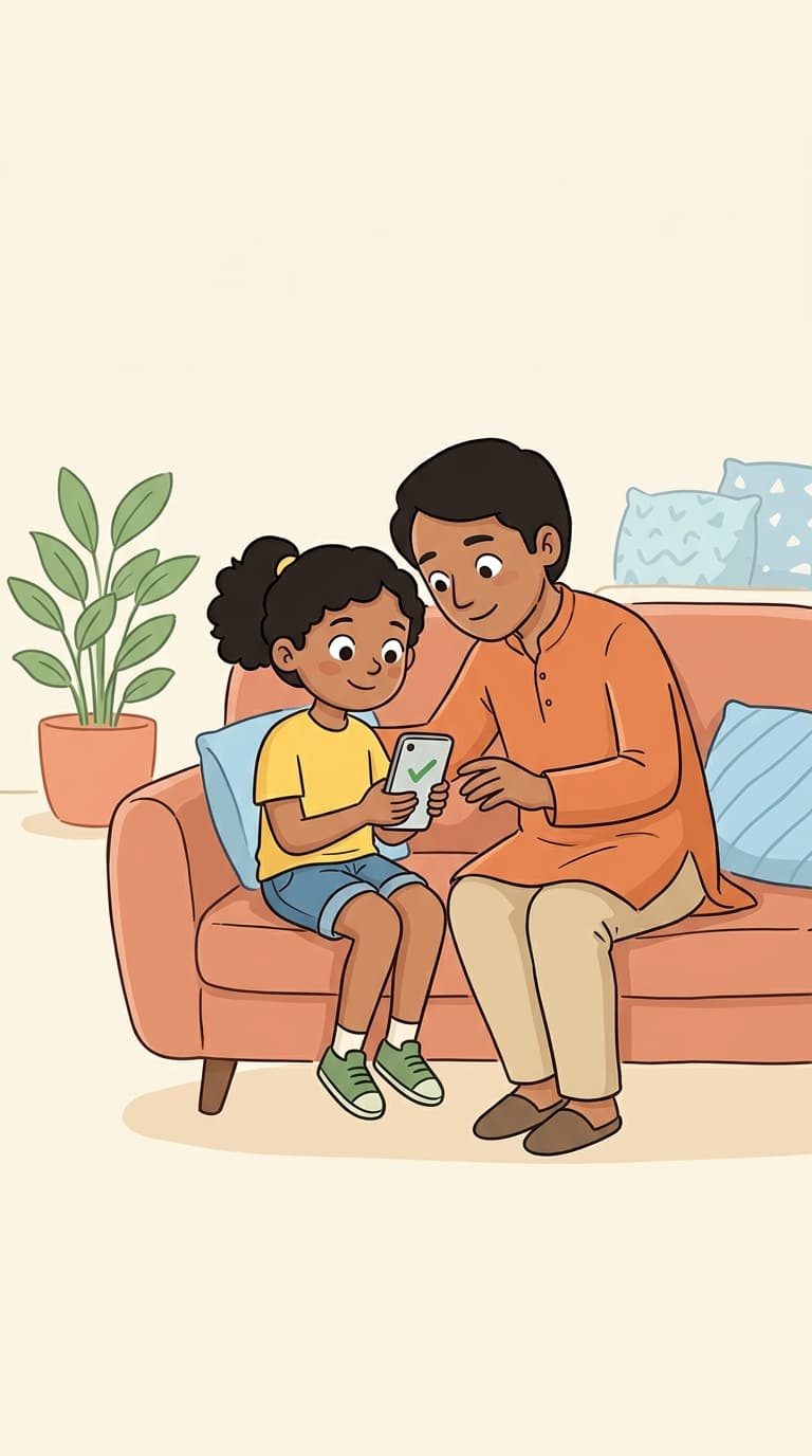 Parent and child learning about money together at home