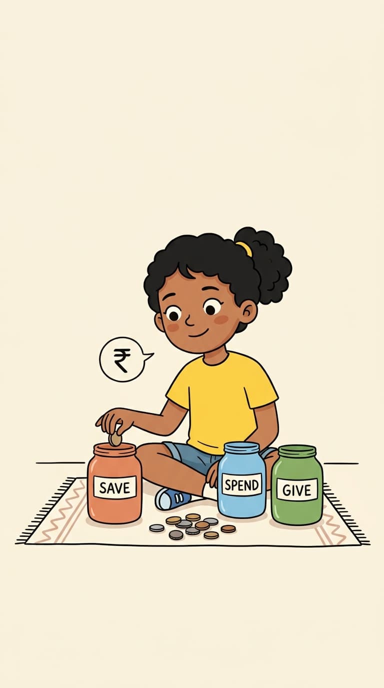 Riya learning to save with three money jars